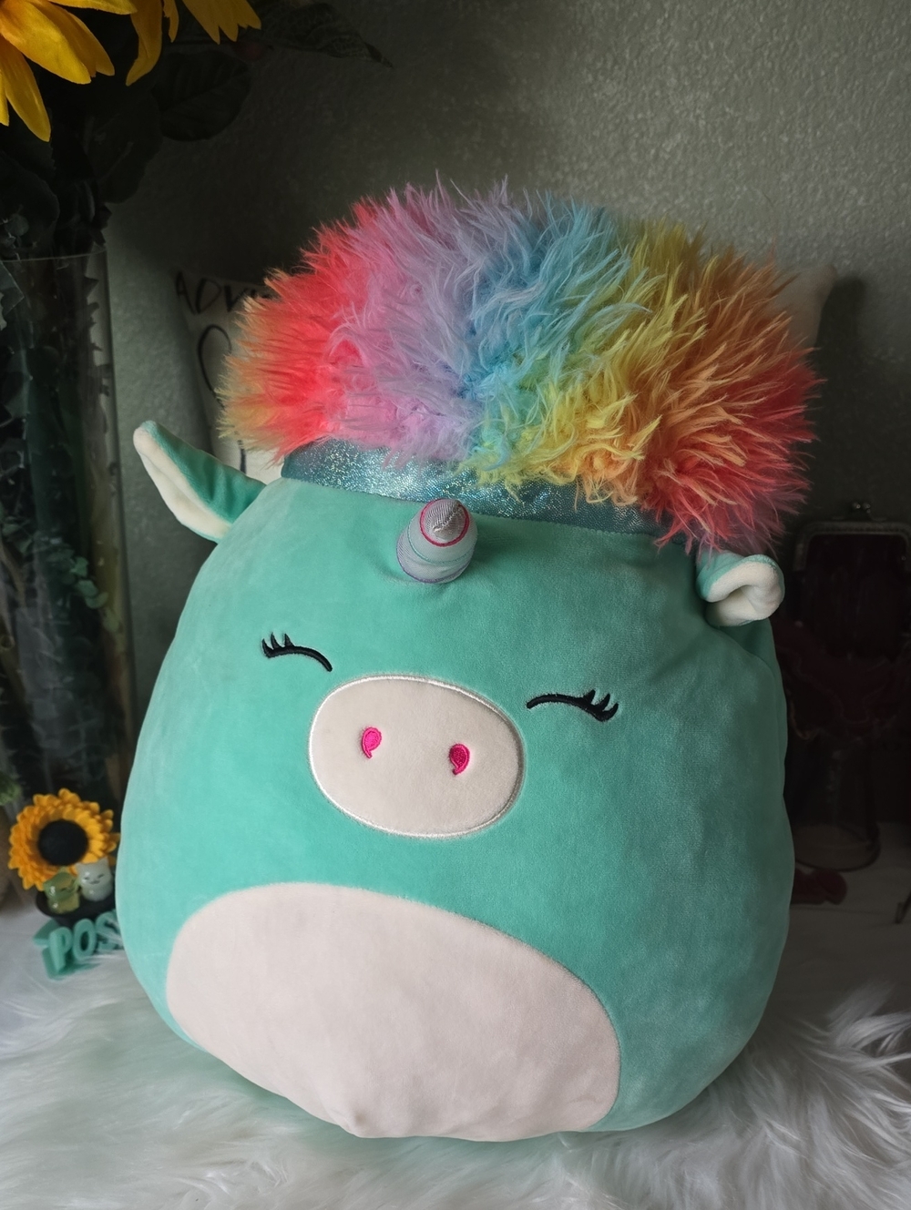 Plush Rainbow Mane Teal Unicorn Stuffed Toy